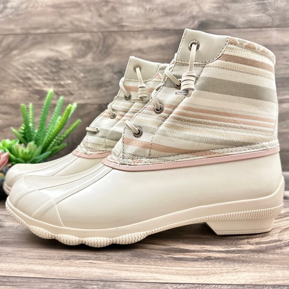 NIB Sperry Syren Gulf Playa Tan Striped Geometric Waterproof Duck Rain Boots - Picture 5 of 15